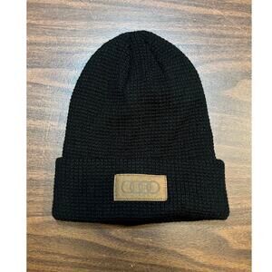 Black Knit Beanie Hat with Leather Patch Logo – Unisex Winter Cuffed Beanie